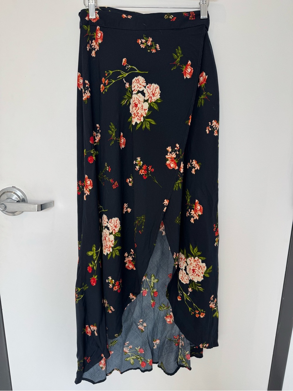 Deep Navy Floral Wrap Maxi Skirt Boho Tulip Hem Size Medium